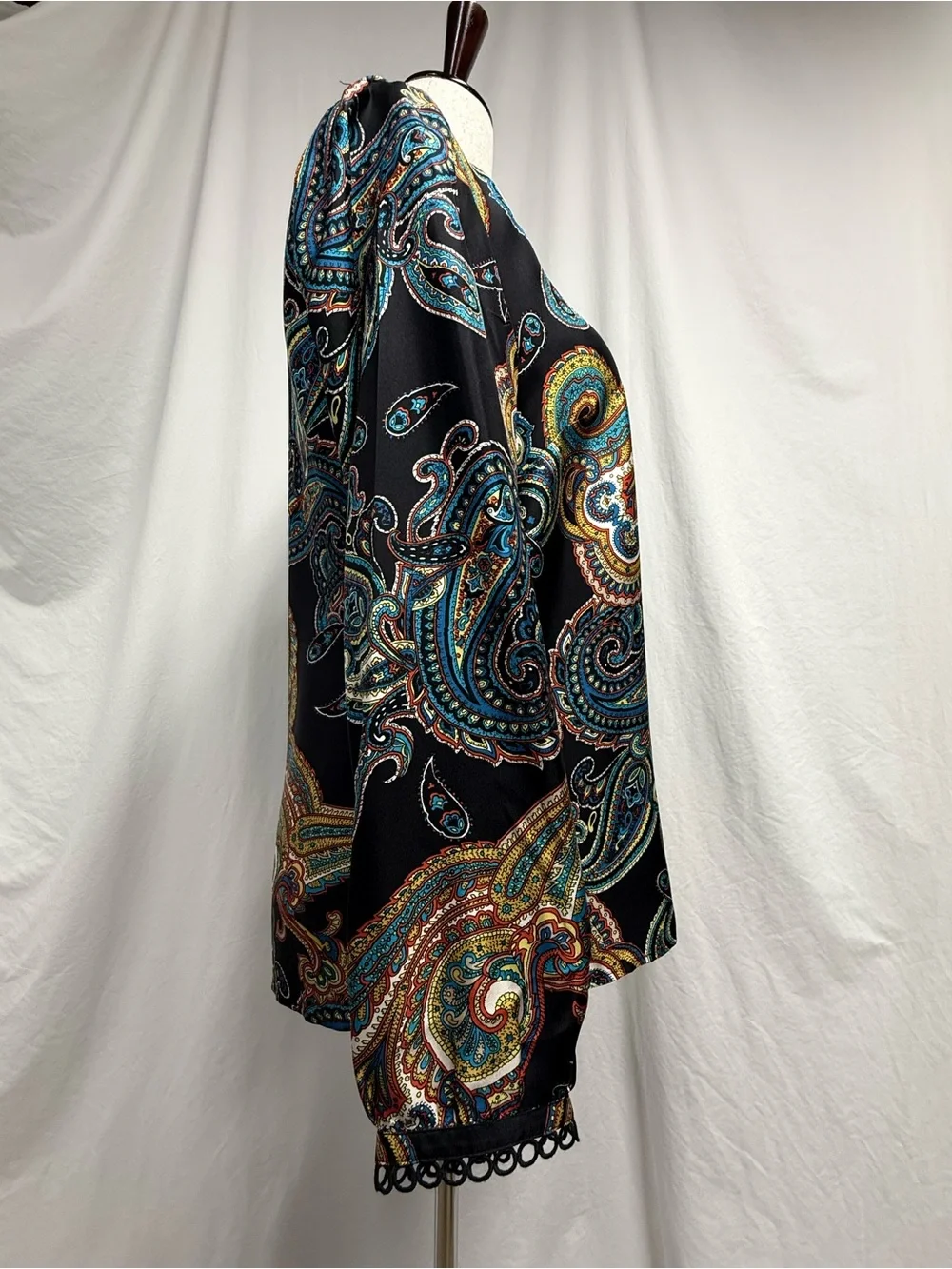 J. Crew 100% Black Paisley-Print Long Sleeve Blouse Scallop Trim